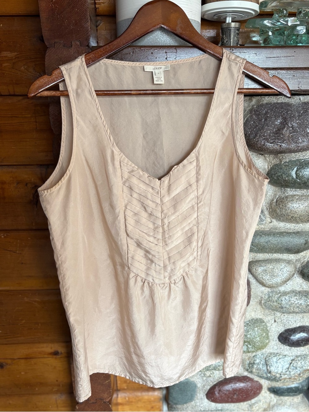 J.Crew 100% Silk Pintuck Sleeveless Blouse Champagne Beige Size 6